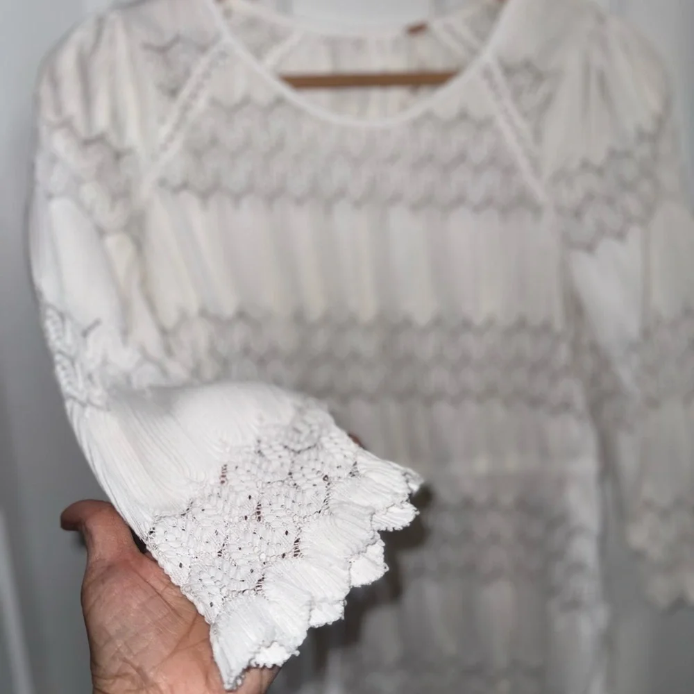 Free People Fire Island Top White S Crochet Embroidered Keyhole Peasant Boho